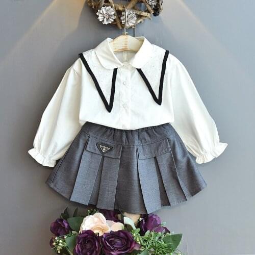 Fashion Clothing Sets For Kids Girls White Shirt Blouses And Skirt Outfits Childrens Preppy Style Clothes Suits Baby Sweet Sets
