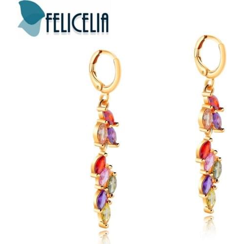 Felicelia Fashion Women Girls Gold Color Long Earrings Clear/ Multicolor Rhinestone Cubic Zirconia Dangle Drop Earrings Jewelry