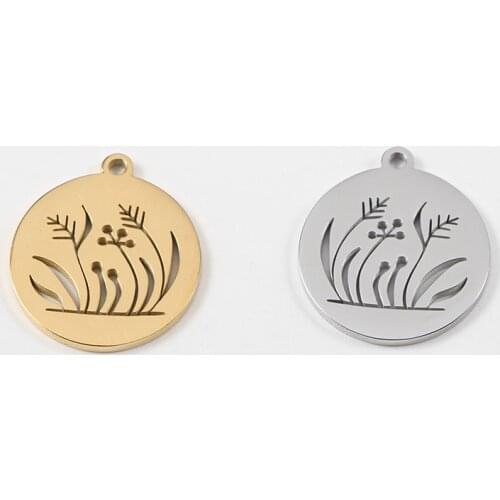 10pcs/Lot Stainless Steel Mirror Polish Hollow Flowers and Plants Round Charm For DIY Jewelry Making Accessories