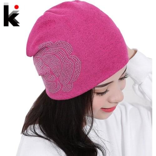 Womens Beanie Autumn And Winter Brand Knitted Hat Turban Flowers Diamond Skullies Hip-hop Cap Ladies Lnit Hats For Women Beanies