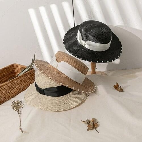 New Summer Outing Flat-top Pearl Ladies Top Hat Sunscreen England Foldable Big Brim Royal Sister Straw Hat