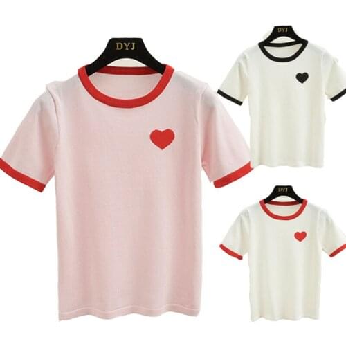 Sweet All-match Love Printed Knitted Short T-shirt Bottoming Basic Tee Shirt for Women Color Matching Top