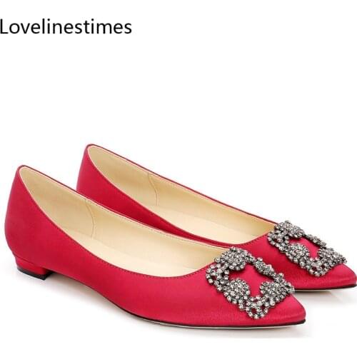 Red Satin Cloth Flats Shoes Woman Basic 2021 Fashion Rhinestones Crystal Diamond Buckle Flat Fashion Bridal Shoes Women Shoes