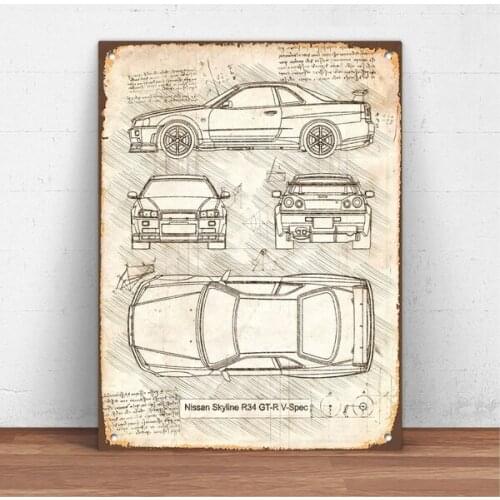 Vintage Retro Style Nissan Skyline R34 GT-R V-Spec (1999) Car Metal Tin Sign Metal Sign Wall Decor Fashion Art Decor Poster #2