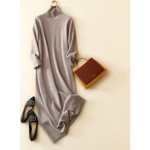 High quality womens winter warm long sleeve turtleneck 100% cashmere sweater dress pullover