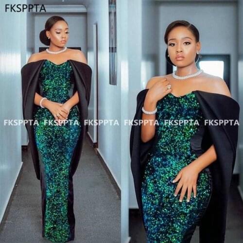 Sparkly Green Long Prom Dresses With Black Capes Off The Shoulder Straight Sequins African Women Formal Occasion Prom Gowns 2021