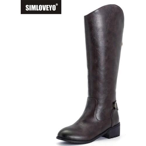 SIMLOVEYO Vintage Square Low Heel Wide Leg Knee High Boots Women Shoes Round Toe Western Style Zipper Big Size 34-48 S2363