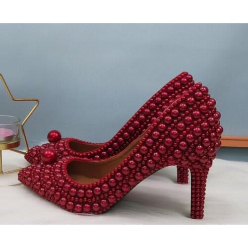 2020 New Arrival Wine Red Pearl women wedding shoes Bridal High heels shoes ladies big size party dress shoes woman Fashion Pump