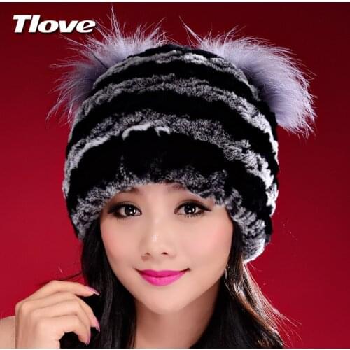 Handmade Autumn Winter Womens Genuine Nature Real Rex Rabbit Fur Hats Lady Knitted Caps Female Beanies