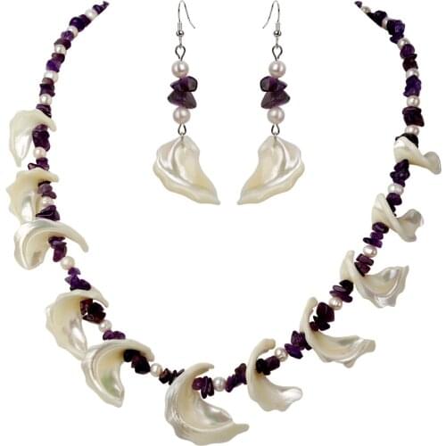 YACQ Mother of Pearl Amethyst 925 Sterling Silver Choker Necklace Dangle Drop Earrings Jewelry Sets for Women Girls Mom