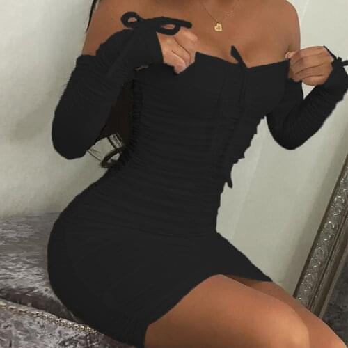 2021 Spring Summer Fashion Solid Party Sexy Slim Dresses Women Elegant Long Sleeve Ruched Club Dress Mini Tight Strapless New