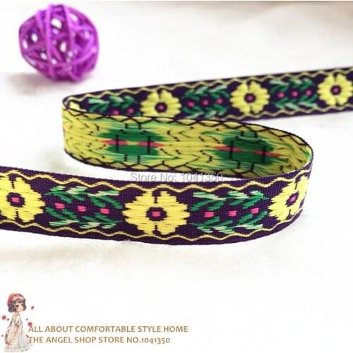 1/2"13mm 20yards/lot Zakka Handmade Accessories Ribbon Laciness Deep Purple Woven Jacquard Ribbon With Yellow Flowers