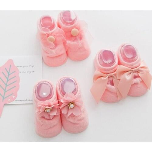 1 Pair Lytwtws Cotton Spring Newborn Baby Girl Kids Sock Flower Bowknot Lace Anti slip Summer Sock Gift ribbon Children slipper