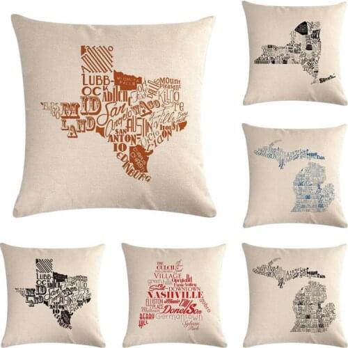 English letter Pillowcase Cotton Linen Map shape Throw Pillow Cover 45x45cm Home Decor For Sofa Cushion Cover pillow Covers