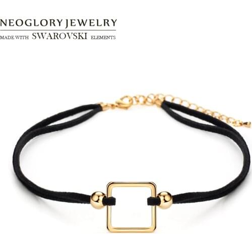 Neoglory Metal Square Gold Color Shaped Black Rope Choker Gothic Lolita Necklace For Girls Hot Gift Dress Summer Holiday