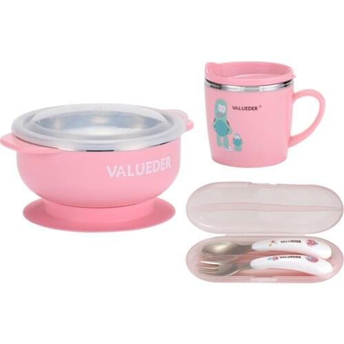 VALUEDER Baby Feeding Bowl with Baby Spoon&Fork and Baby Cup Set Stainless Steel Baby Dishes Set for Kids