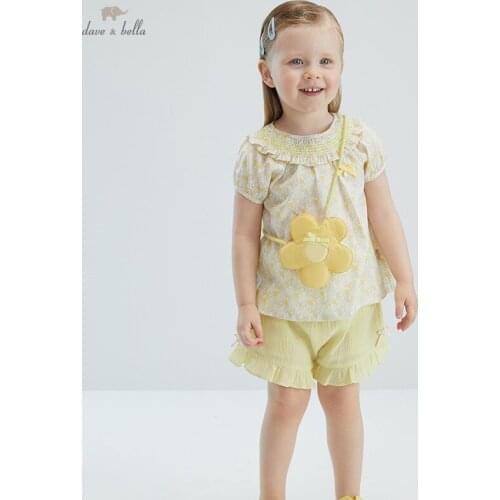 DBJ17491 dave bella summer baby girls cute bow floral print clothing sets kids fashion sets children with a small bag 3 pcs suit