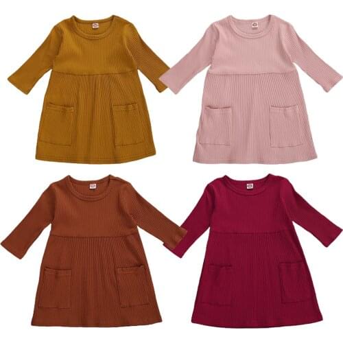 Kids Dress Solid Color Round Neck Three Quarter Sleeve Dress One-Piece for Girls 100% Cotton Ribbed Gown