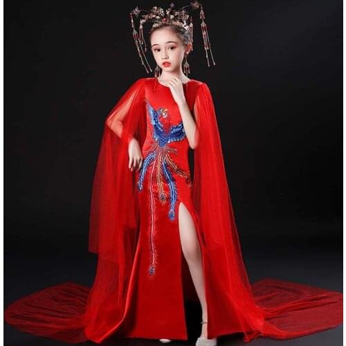 Children Princess Evening Dress Cheongsam Kids Girl Traditional Chinese Dress Costume Piano Embroidery Phoenix Satin Qipao Dress