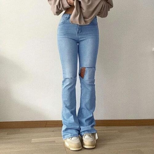 Spring Autumn High Waist Holes Jeans Women Blue Slim Ripped Denim Wide Leg Pants Streetwear Wash Cotton