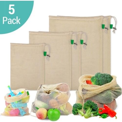 5Pcs/lot Eco Friendly Cotton Mesh Fruit Vegetable Bags Reusable Produce Bag Machine Washable Drawstring Grocery Shopping Bag