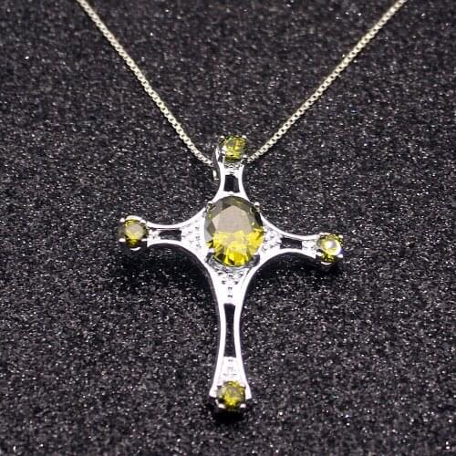 Hermosa Elegant Cross Holy Green Peridot Silver Color For Women Charms Pendant Chain Necklace 20 Inch