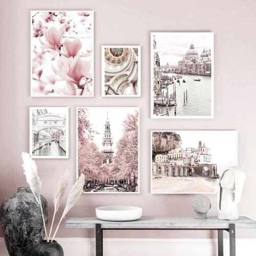 Pink Magnolia Flower Venice Building Landscape Art Canvas Painting Nordic Posters And Prints Wall Pictures For Living Room Decor