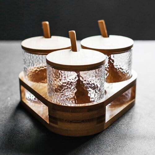 Japanese glass wood lid seasoning pot three piece seasoning box set sauce bottles sugar salt chili cans caster wooden shelf