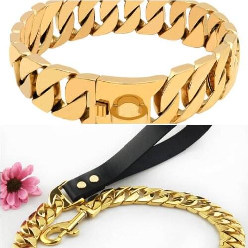 PMGPET Pet Set Collar Leash for Bully Dog Gold Chain Strap 32mm Stainless Steel Large Dog Collar Lead Pitbull Bulldog 2pcs/set