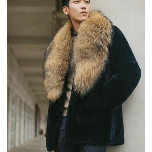 Big fur collar faux mink leather jacket mens winter warm fur leather coat men jackets jaqueta de couro black