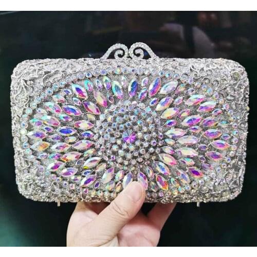 Square Fashion Crystal Clutch Bags AB Silver Luxury Evening Prom Purse banquet Handbags Wristlets SM77