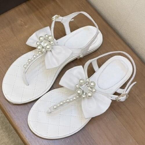 Summer Women Shoes Female Casual Sandals Ladies Pink Chaussures Bow Knot Fashion Sandales Pearl New Peep Toe Sandalias Flats