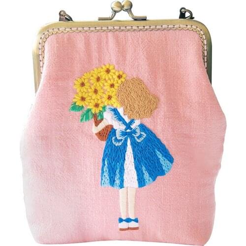 Beginner DIY Embroidery Kit Unfinished Embroidered Sewing Cross Stitch Set Flower Girl Bird Pattern Square Metal Purse Bag Frame