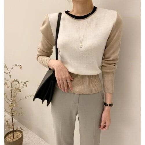 HziriP 2020 New Autumn Winter Sweater Patchwork Office Lady Work Pullover O-Neck Long Sleeve Slim Knitted Sweaters Womens Tops