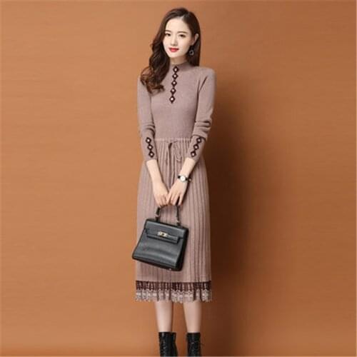 New Womens Knitted Pleated Long Dress Autumn Winter Elegant Female Sweater Dress Lace Hollow-out Office Ladies Work Dress Thick