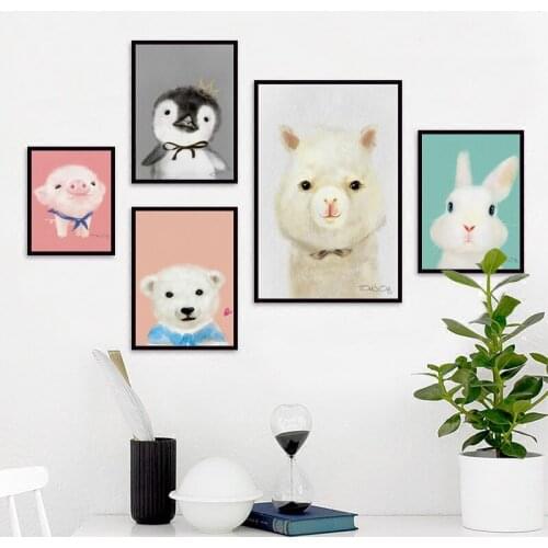 Watercolor Animal Poster Cute Cartoon Penguin Alpaca Canvas Painting Wall Art Children Room Decoration Nursery Wall Picture