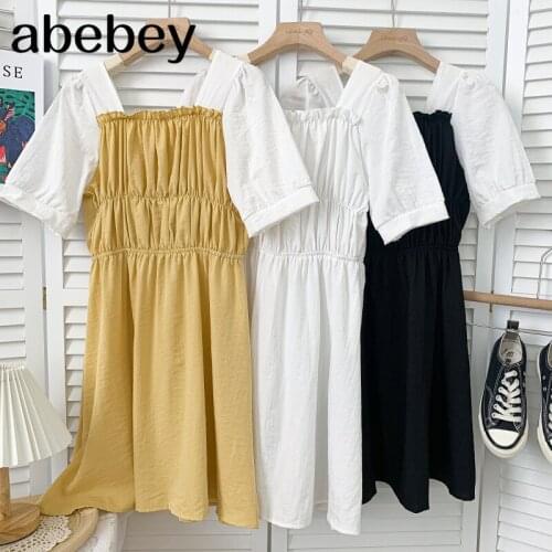 Fashion Square collar short sleeve Dress hit color patchwork high waist pleated mid-length A-line Dress 2021 New Summer
