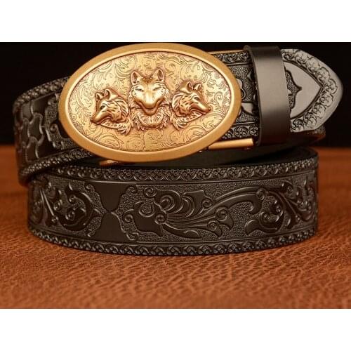 Wolf Head Designers Tang Grass Pattern Belt Genuine Leather Automatic Buckle Luxury Belts Business Strap for Men Ceinture Homme