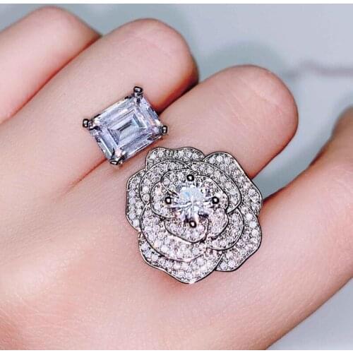Silver Camellia Flower 925 Rings Luxury Inlay Shiny Multi Layer Zircon Square Crystal Asymmetry Jewelry For Women Wedding Party