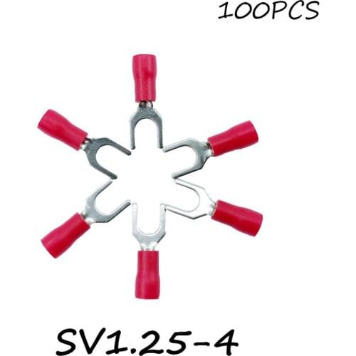 SV1.25-4 100PCS/Pack Red Insulated Spade Terminal Block Connector Electrical Furcate Lug Crimp Cable Wire Forked End Insulation