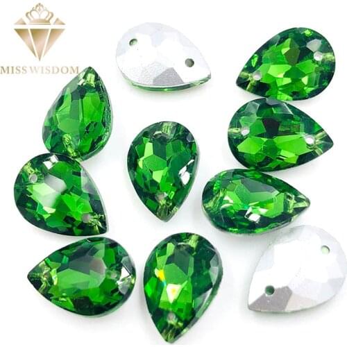 10X14/13X18mm water drop Grass green glass crystal pointback Double hole sew on rhinestones Diy dress wedding accessories
