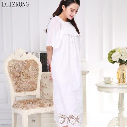 Spring Cotton Long Women Night Dress Summer Short Sleeve Hollow Out Sleepwear Dress Loose Nightgown Plus Size