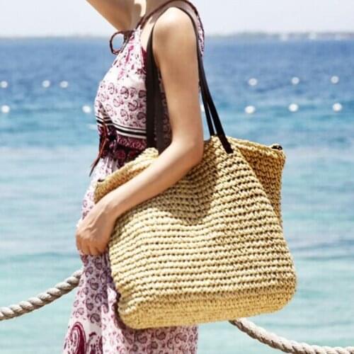 Women Handbag Summer Beach Bag Rattan Woven Handmade Knitted Straw Large Capacity Totes Leather Women Shoulder Bag