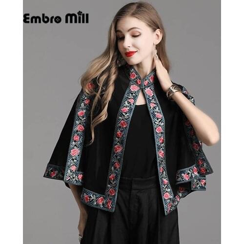 High quality womens folk-custom tops summer embroidered short Small shawl cloak vintage floral lady Improvement cloak coat M-3XL