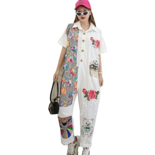 QING MO Women Fashionable Jumpsuits 2021 Women Colorful Floral Jumpsuits With Sequin Female Cartoon Jumpsuits ZQY7274
