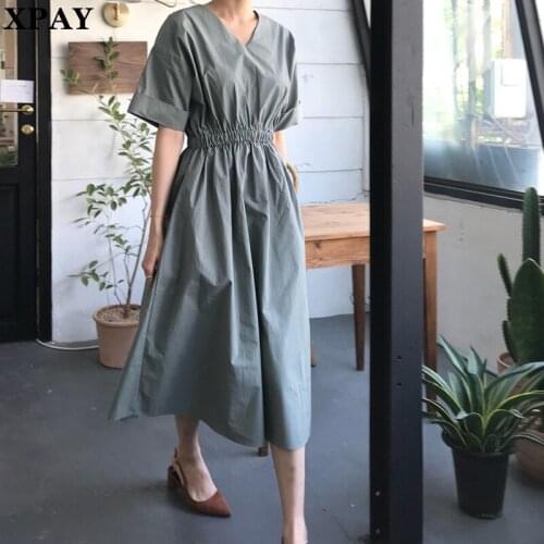 Korean New Summer Sexy V-Neck Long Dress Women Plus Size Slim Elastic Waist Pleated Party Dress Elegant Japanese Lazy Vestidos
