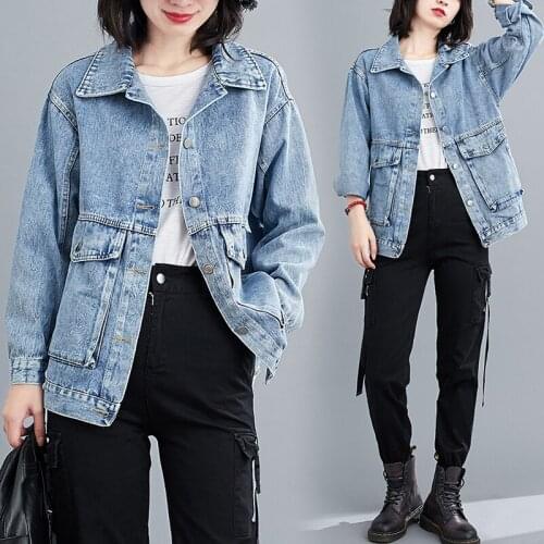 Korean Plus size Stitching Washed Denim Short coat Women Autumn New Long-sleeve Breasted Lapel Double Pocket Cardigan Outerwear