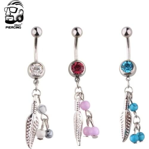 New 1Pcs Women Sexy Leaf Feather dangle belly button rings stainless steel navel piercings fashion body jewelry 3 Colors