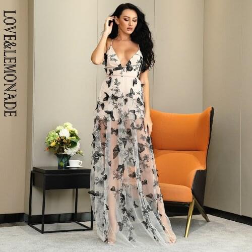 LOVE&LEMONADE Sexy Deep V-Neck Open Back Long Tie Butterfly Embroidery Mesh A-Line Maxi Dress LM81016-1