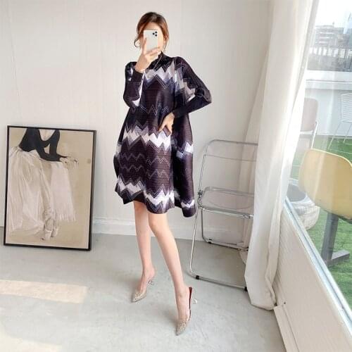 Long Sleeved Dress For Women Plus Size 45-75KG Summer 2021 New Half Turtleneck Stretch Miyake Pleated Printed Loose A-Line Dress